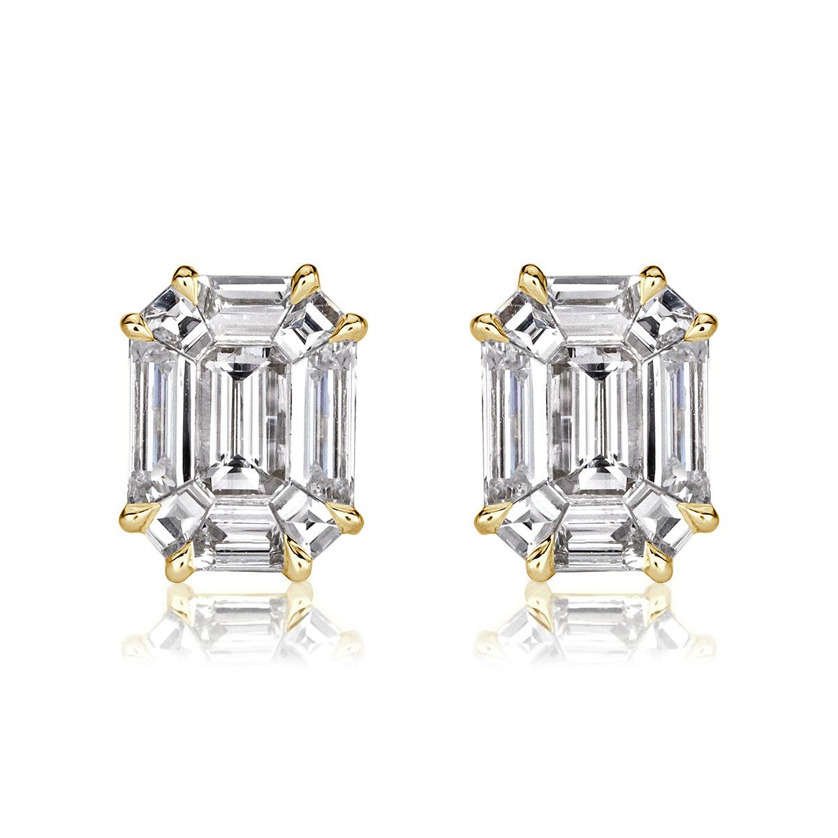 1.30ct Emerald Cut Mosaic Diamond Stud Earrings in 18K Yellow Gold For Sale