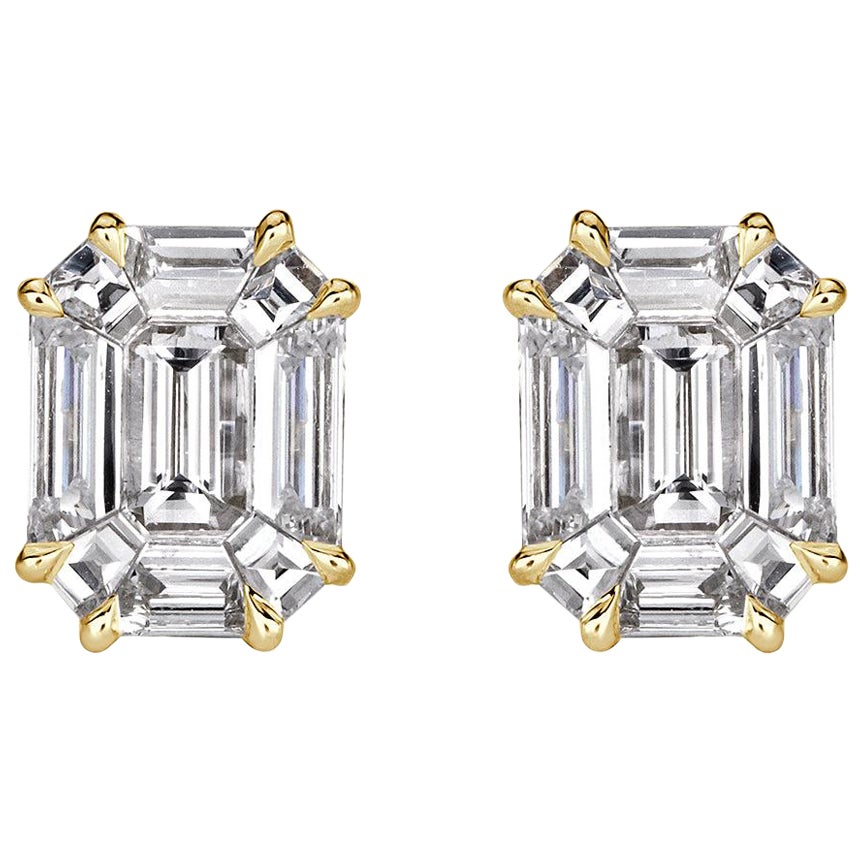 1.30ct Emerald Cut Mosaic Diamond Stud Earrings in 18K Yellow Gold