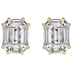 1.30ct Emerald Cut Mosaic Diamond Stud Earrings in 18K Yellow Gold