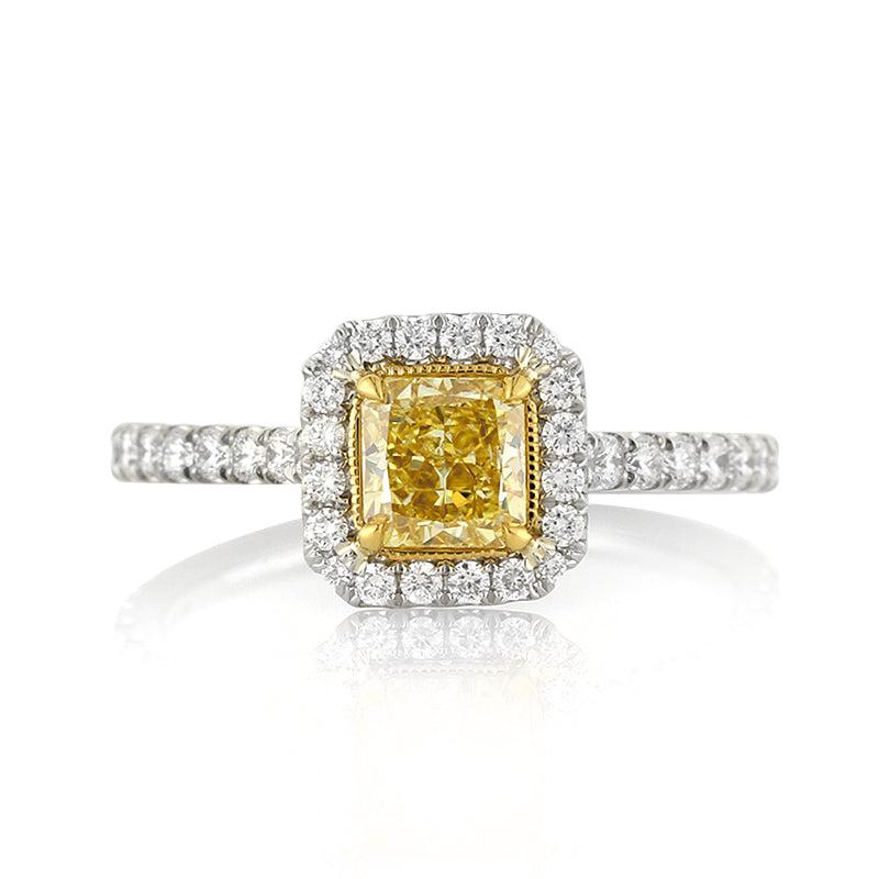 1.30ct Fancy Intense Yellow Radiant Cut Diamond Engagement Ring For Sale