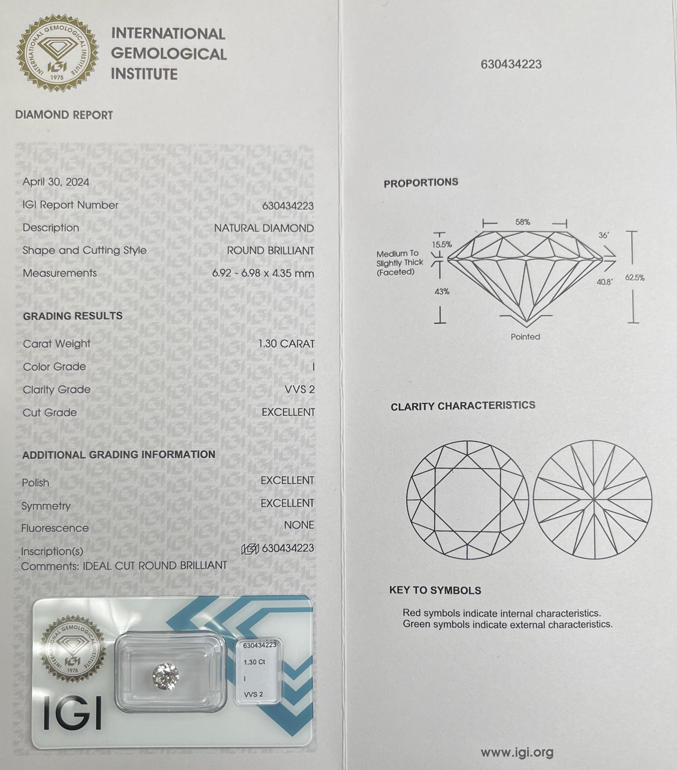 1.30CT IGI Certified Round Brilliant  In New Condition For Sale In kOWLOON, HK