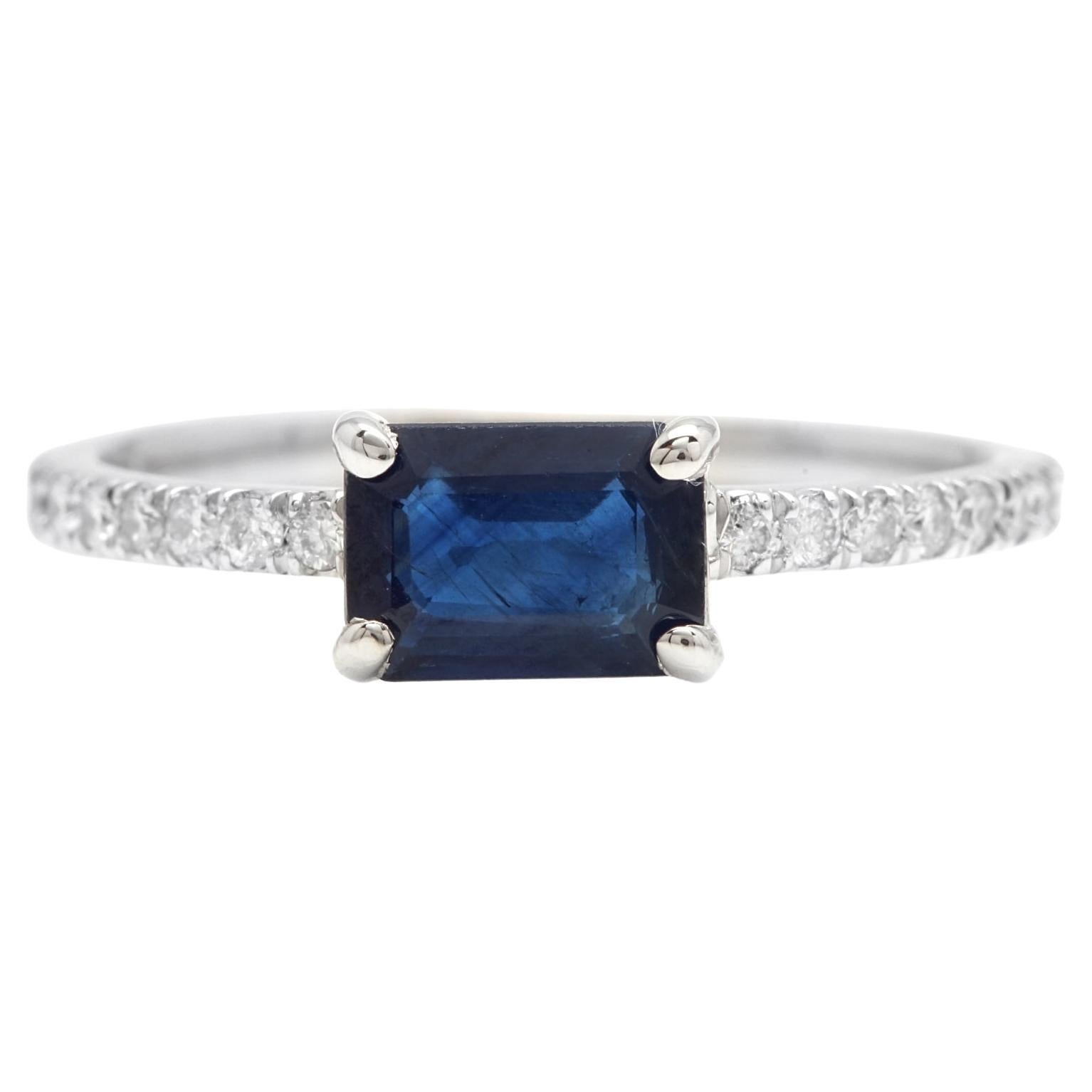 1.30Ct Natural Blue Sapphire and Diamond 14K Solid White Gold Ring For Sale