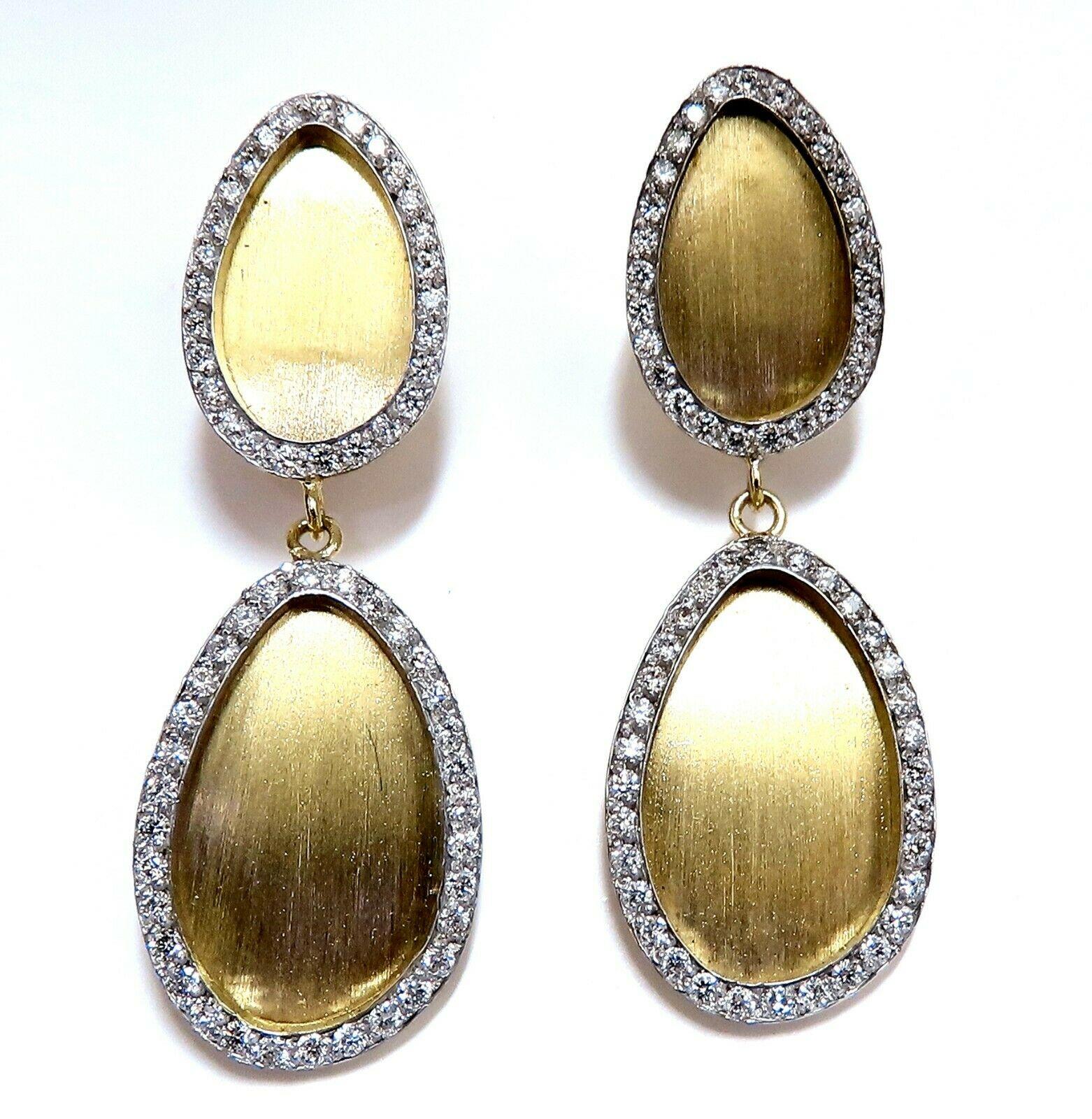 Women's or Men's 1.30 Carat Natural Diamonds Tear Drop Form Brush Finish Clip Earrings 14 Karat For Sale
