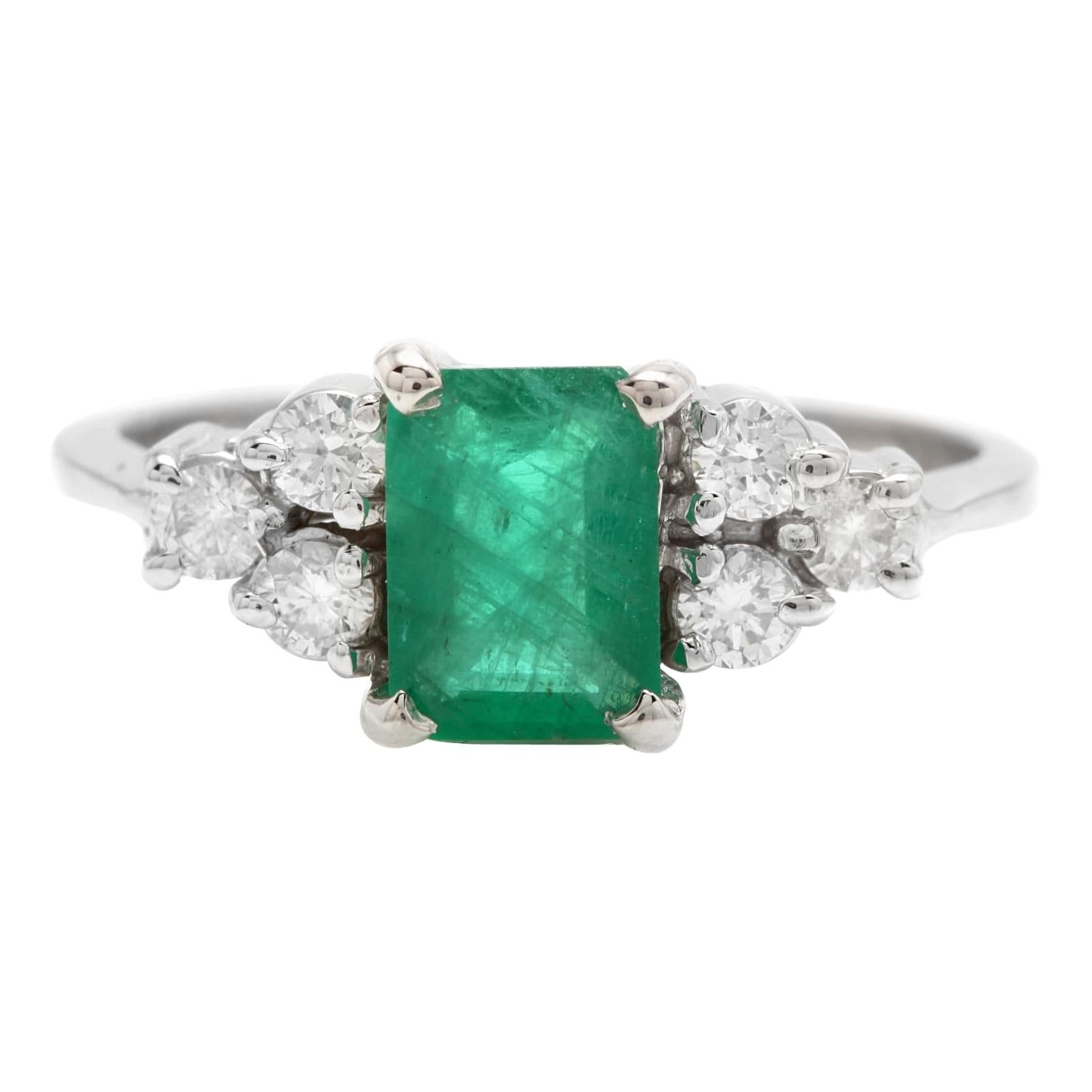 1.30ct Natural Emerald & Diamond 14k Solid White Gold Ring For Sale