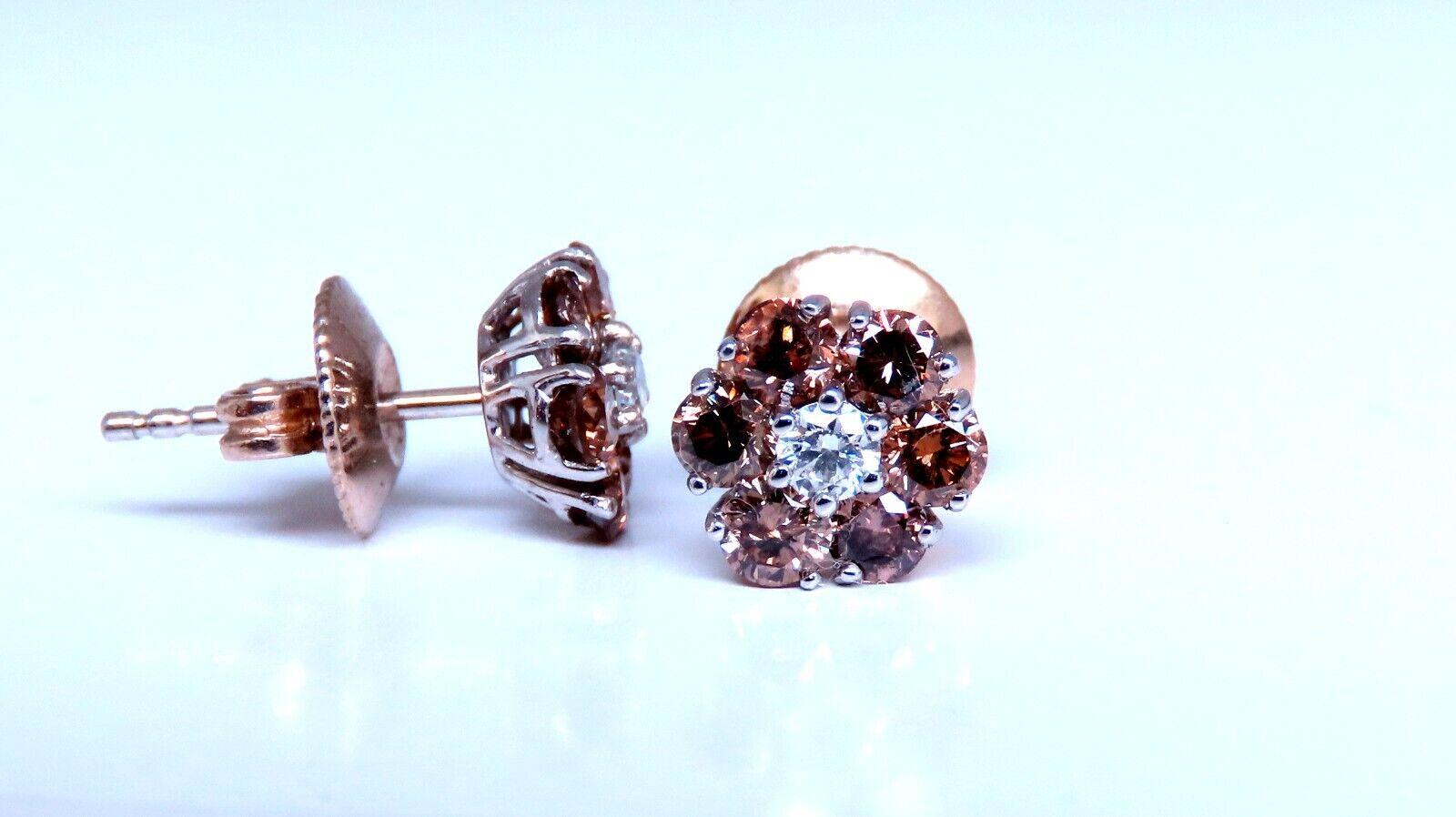 1.30ct. natural round diamond cluster earrings 14 karat Fancy Browns In New Condition For Sale In New York, NY