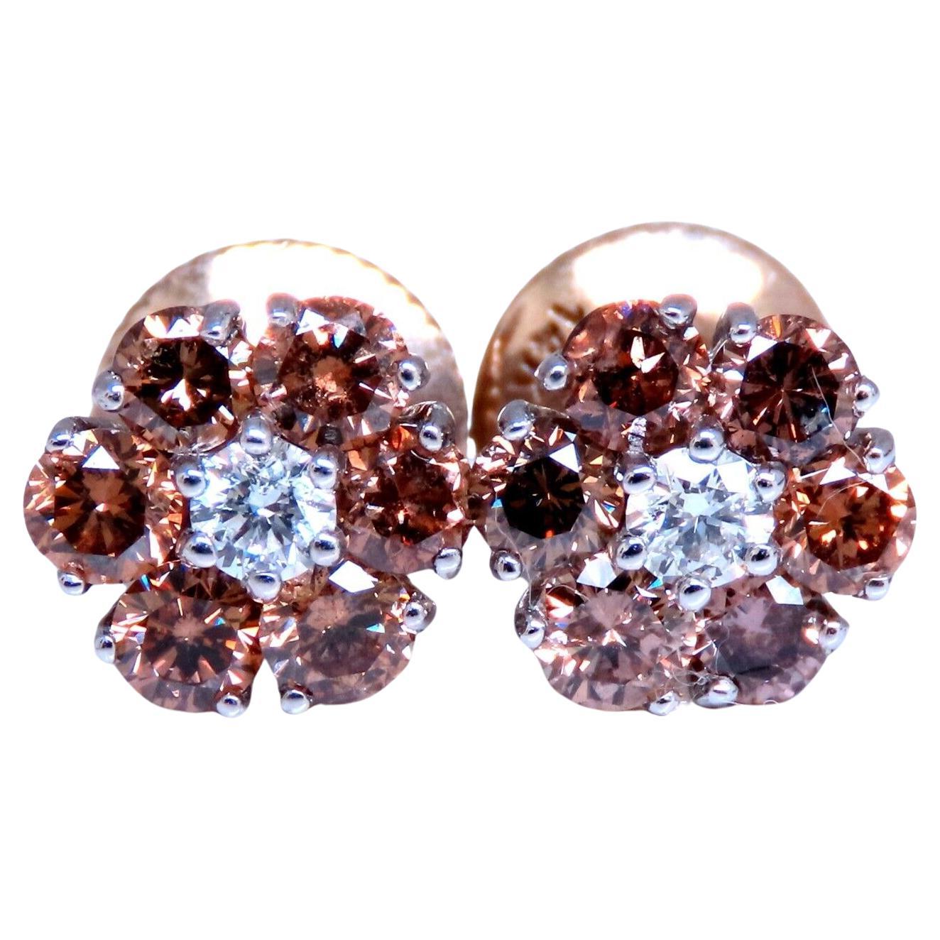 1.30ct. natural round diamond cluster earrings 14 karat Fancy Browns For Sale