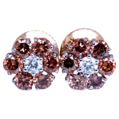 1.30ct. natural round diamond cluster earrings 14 karat Fancy Browns