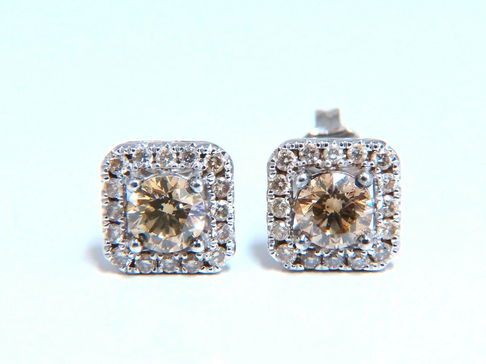 Women's or Men's 1.30ct Natural Round Diamond Stud Earrings 14 Karat Halo Fancy Brown For Sale