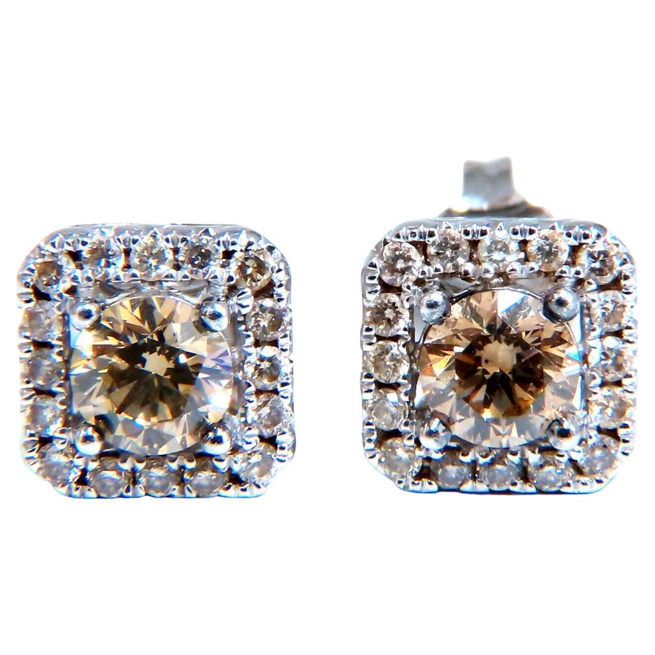 Clous d'oreilles en diamants ronds naturels de 1,30 carat et halo de diamants bruns fantaisie de 14 carats