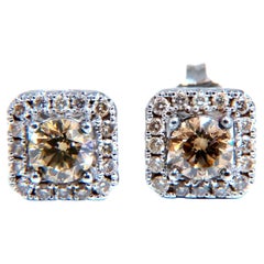 Clous d'oreilles en diamants ronds naturels de 1,30 carat et halo de diamants bruns fantaisie de 14 carats