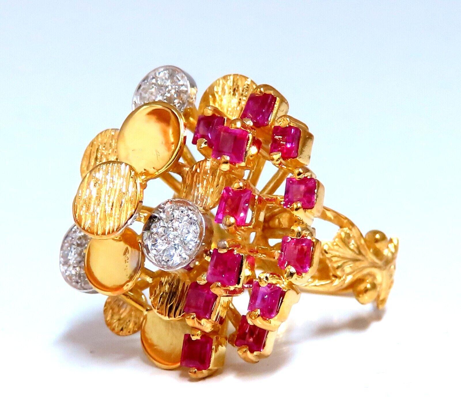 3D Petal Multi-tier cocktail ring

.20ct round diamonds 

G-color vs-2 clarity

1.30ct natural emerald cut shaped rubies

clean clarity, transparent and Pink-red.

  14kt. yellow gold

9.4 grams

Ring Current size: 7.5

depth of ring: 13mm

Deck of