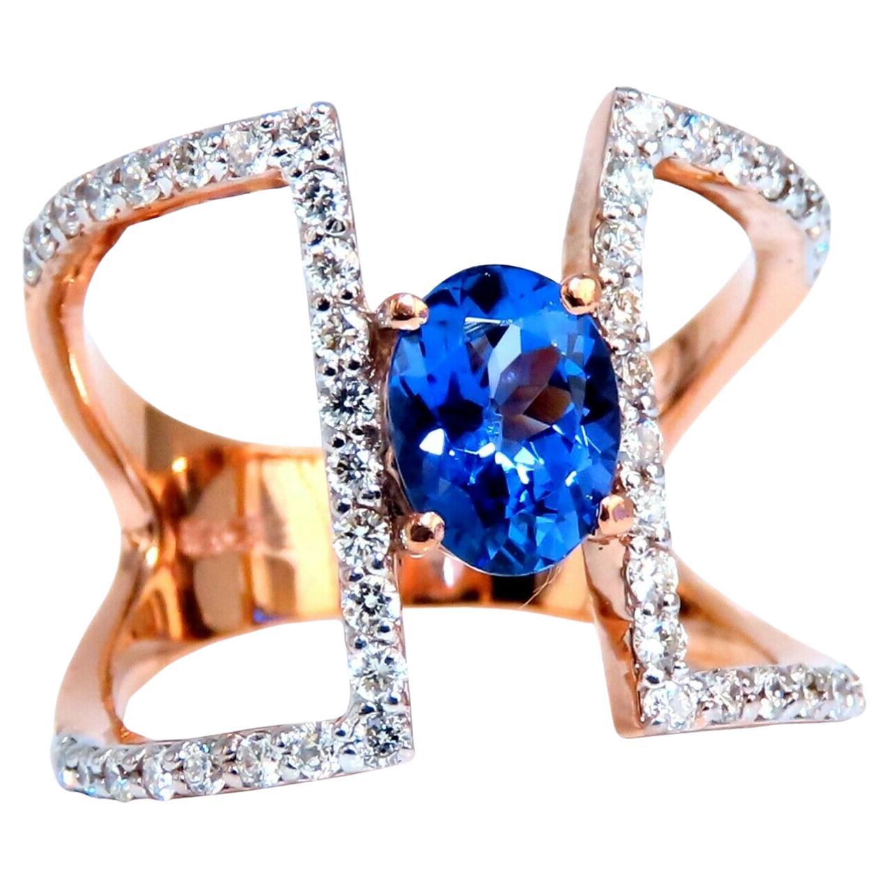 Bague large épaule en tanzanite naturelle et diamant 1,30 carat, style mod en vente