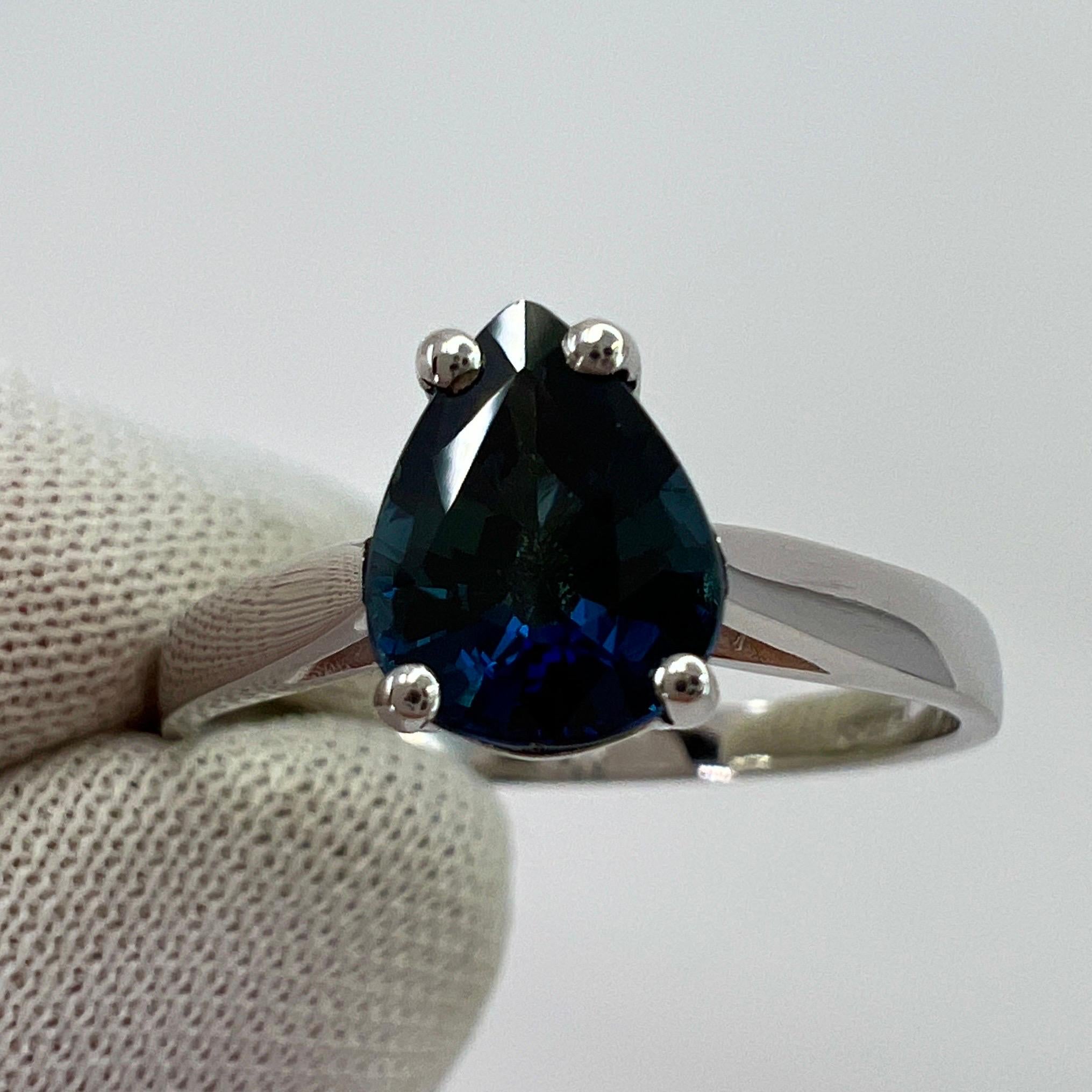 Fine Royal Blue Australian Sapphire Pear Cut 18k White Gold Solitaire Ring.

1.30 Carat sapphire with a stunning deep royal blue colour and excellent clarity. Very clean stone. The sapphire also has an excellent pear teardrop cut which shows lots of