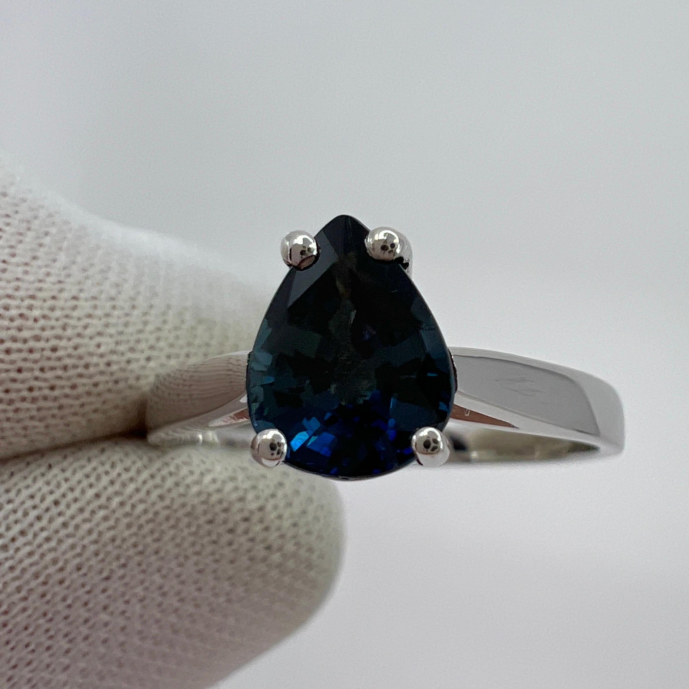 1.30ct Royal Blue Australian Sapphire Pear Cut 18k White Gold Solitaire Ring In New Condition For Sale In Birmingham, GB