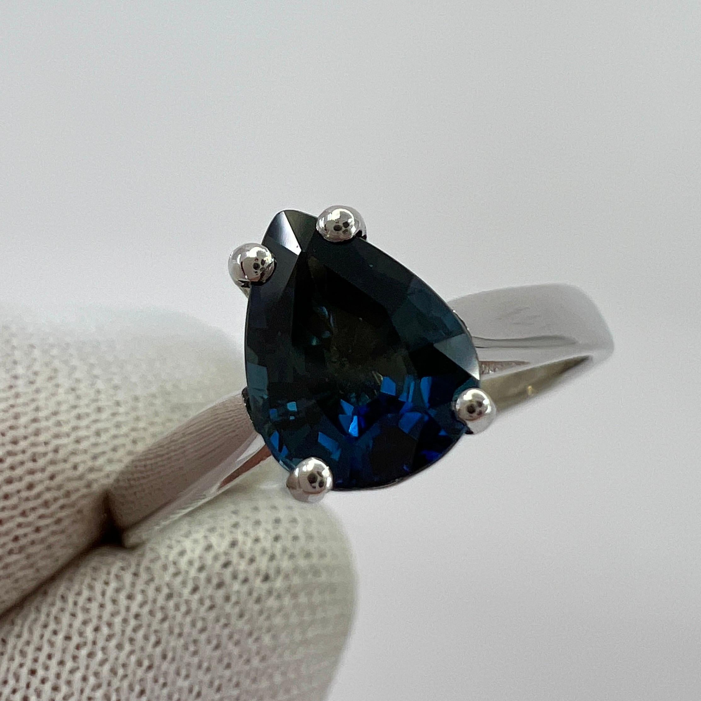 1.30ct Royal Blue Australian Sapphire Pear Cut 18k White Gold Solitaire Ring For Sale 2