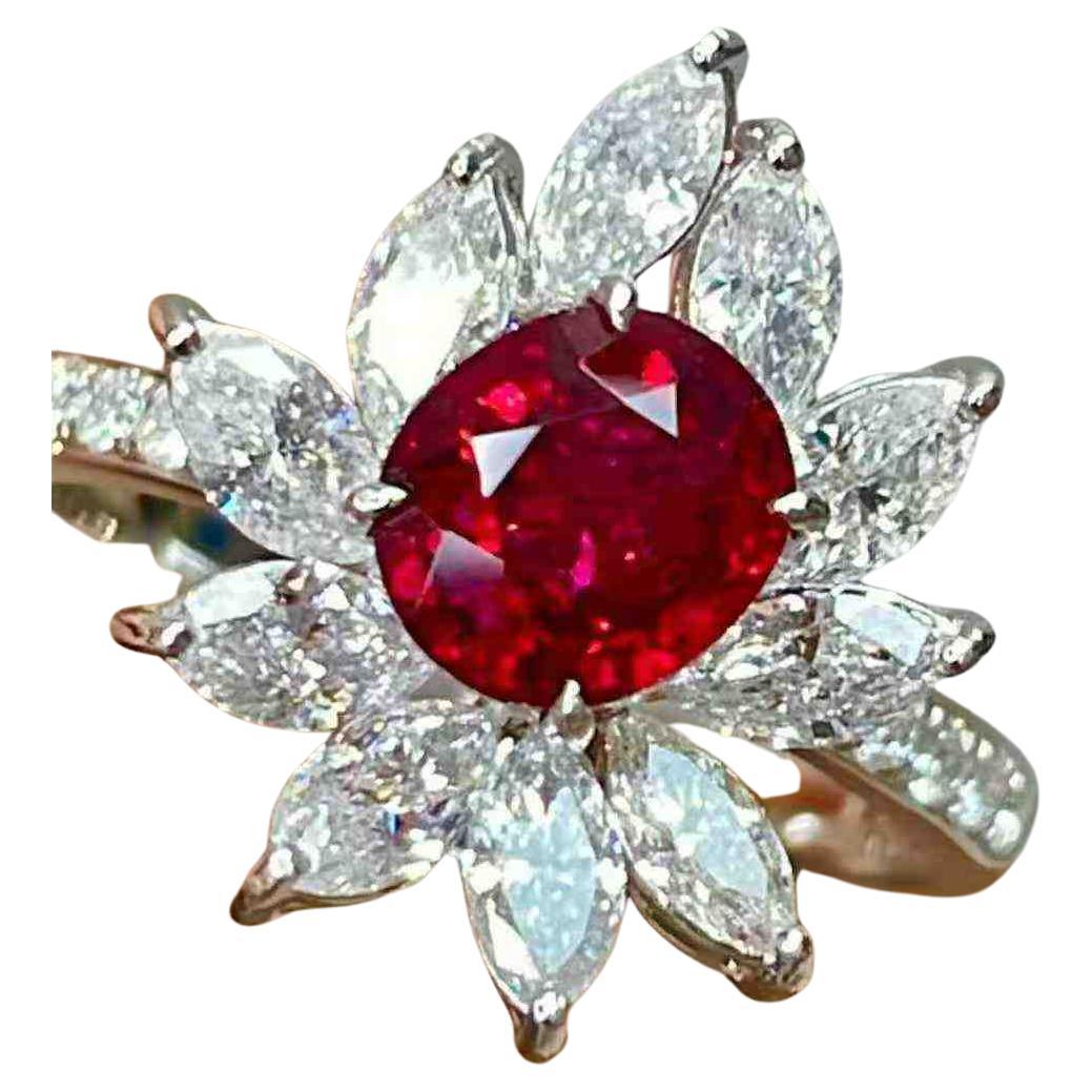 Anello cocktail con rubino aureolato da 1,30 carati e diamanti bianchi marquise da 1,47 carati in bianco 18 carati