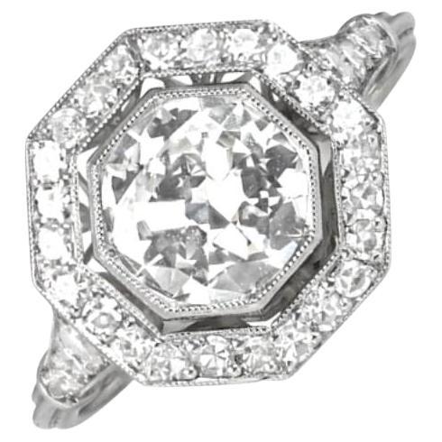 Bague Engagment en platine avec diamant taille transitionnelle de 1,30 carat, couleur I, halo de diamants