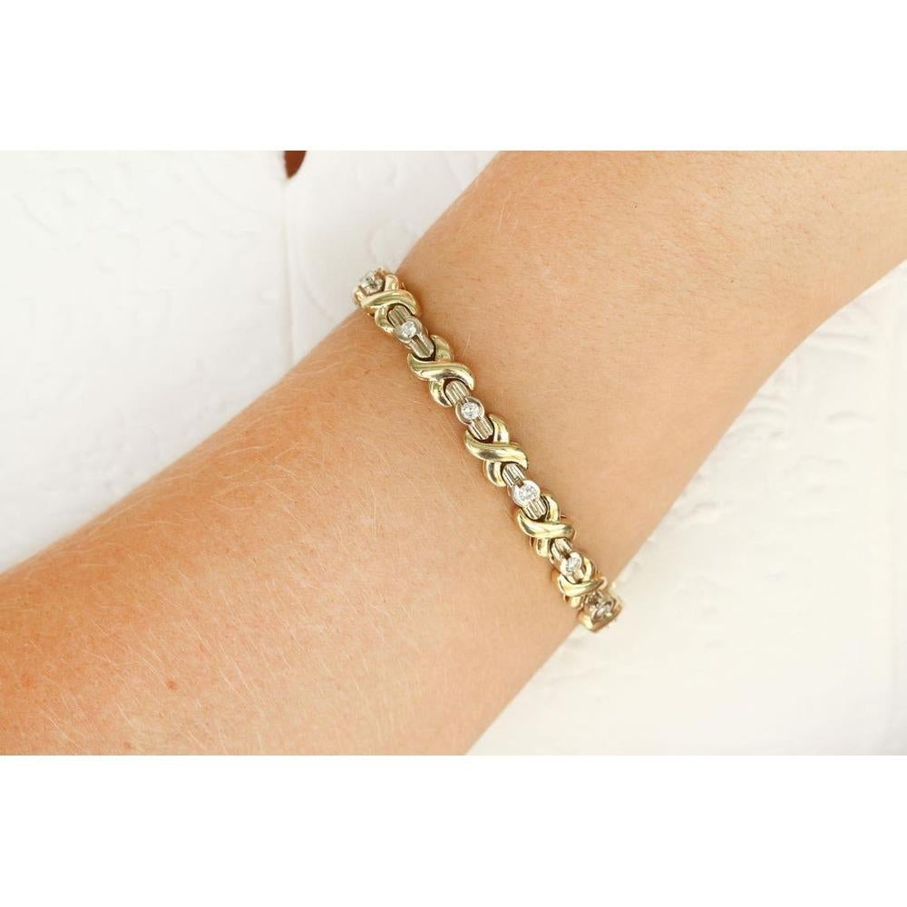 Modern 1.30cts 14K Two-Toned X Diamond Bracelet XO Tennis Bracelet Gold Bracelet For Sale