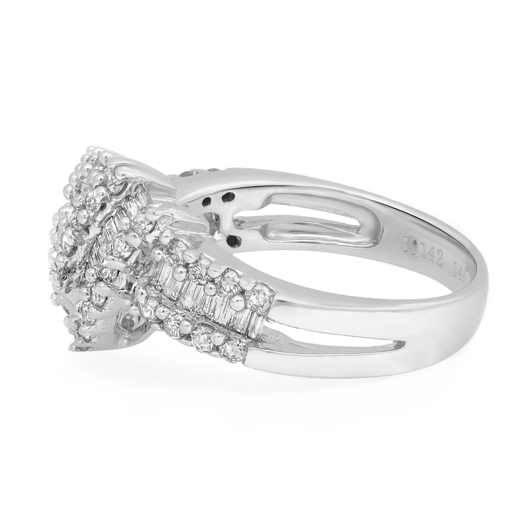 1.30cttw Baguette and Round Cut Diamond Cocktail Ring 14k White Gold In New Condition For Sale In New York, NY