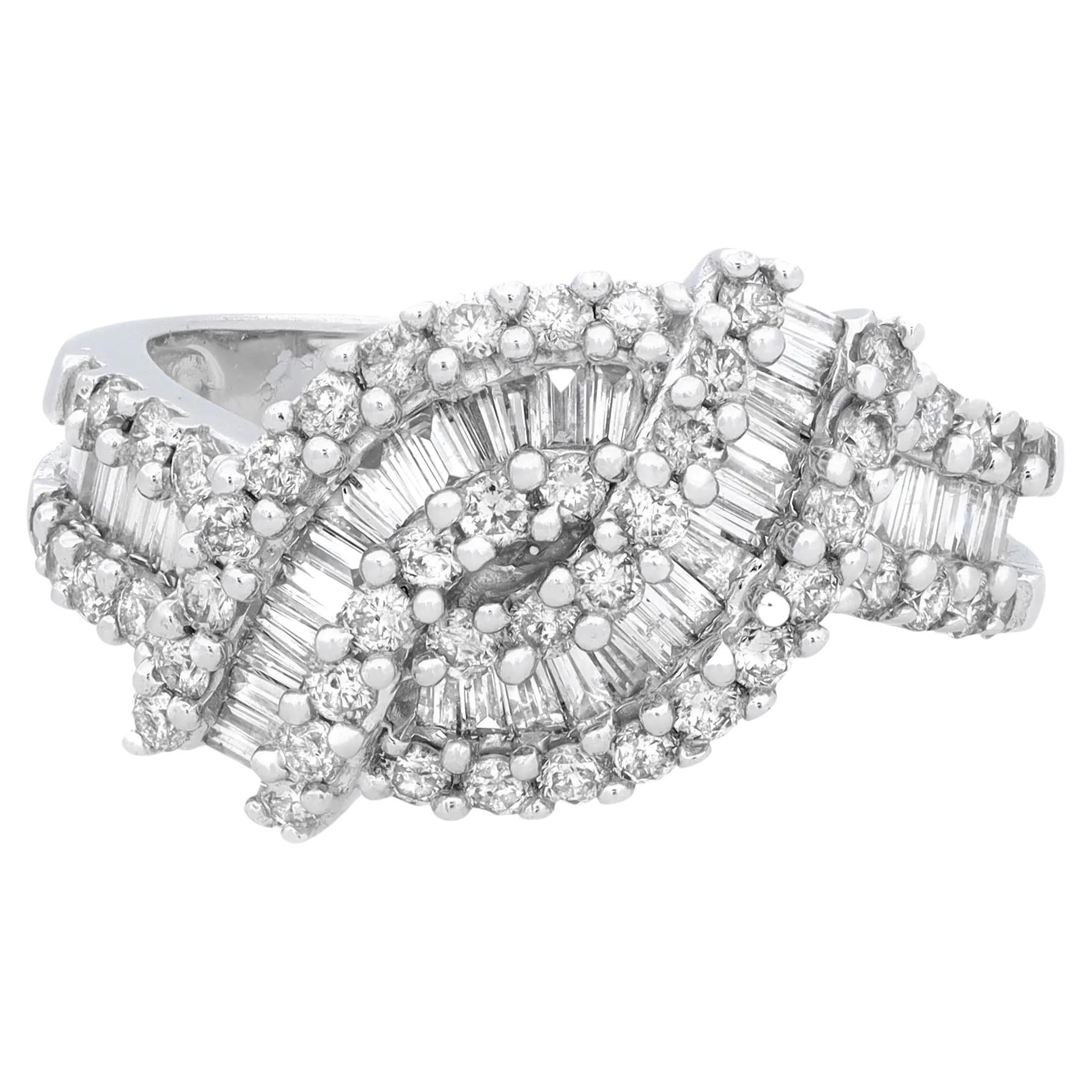 1.30cttw Baguette and Round Cut Diamond Cocktail Ring 14k White Gold For Sale