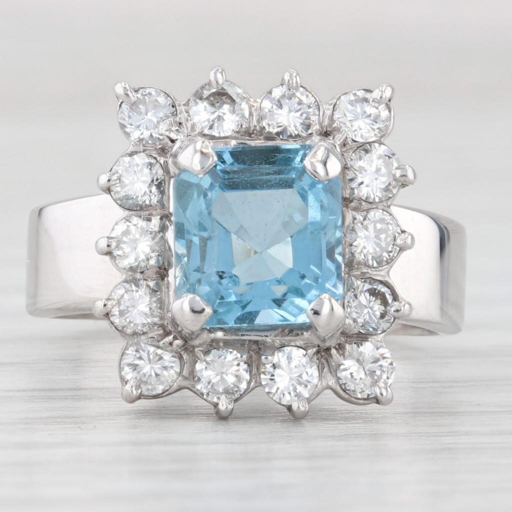 Anello aureola con diamante e acquamarina da 1,30 ct. in oro bianco 18k, misura 5,75 - 6 In condizioni buone in vendita a McLeansville, NC