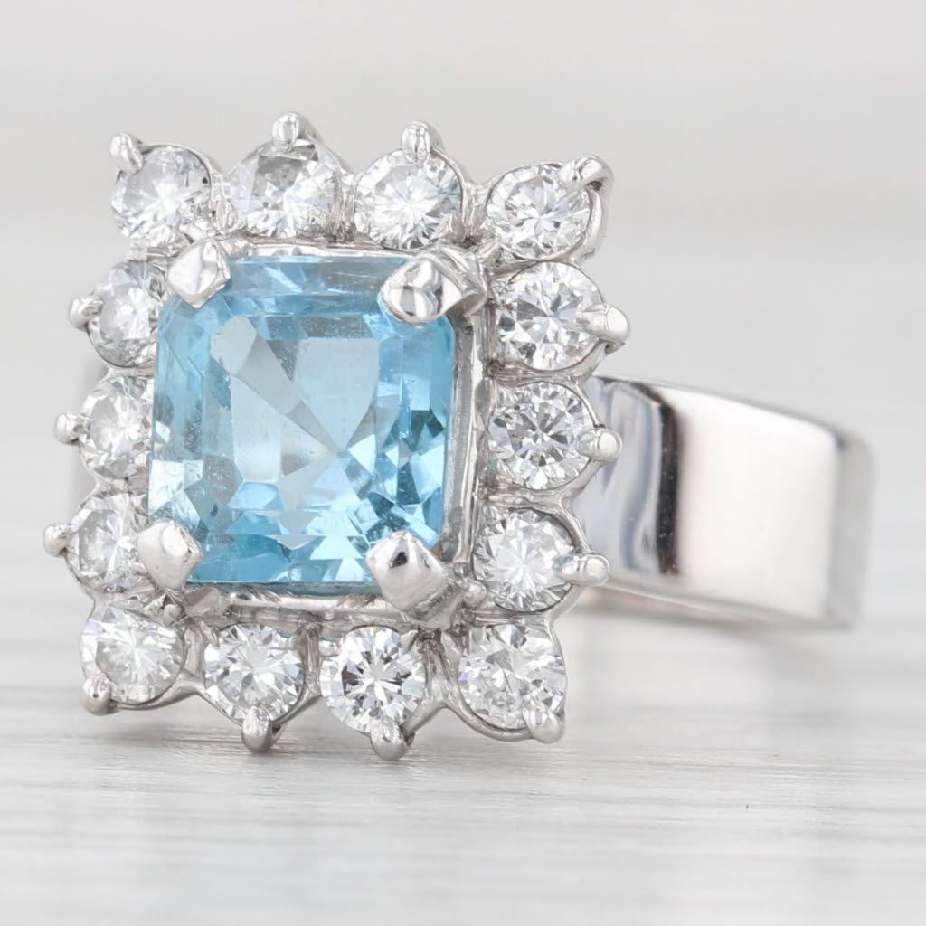 Anello aureola con diamante e acquamarina da 1,30 ct. in oro bianco 18k, misura 5,75 - 6 in vendita 1