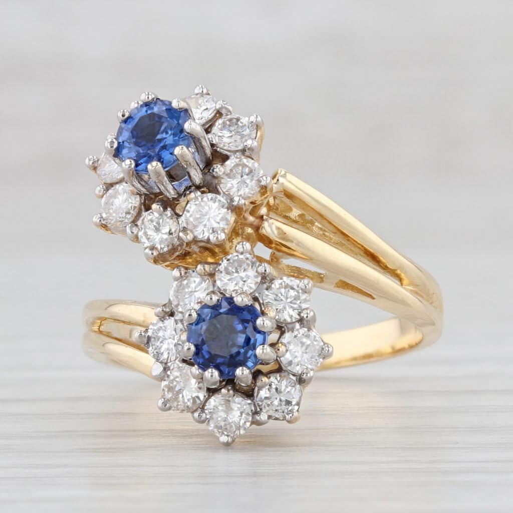 1.30ctw Blue Sapphire Diamond Flower Bypass Ring 18k Yellow Gold Size 6.25
