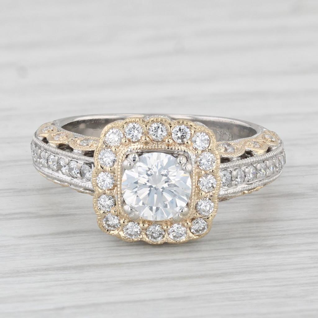 Round Cut 1.30ctw Round Diamond Halo Engagement Ring 14k White Yellow Gold Size 6 GIA For Sale