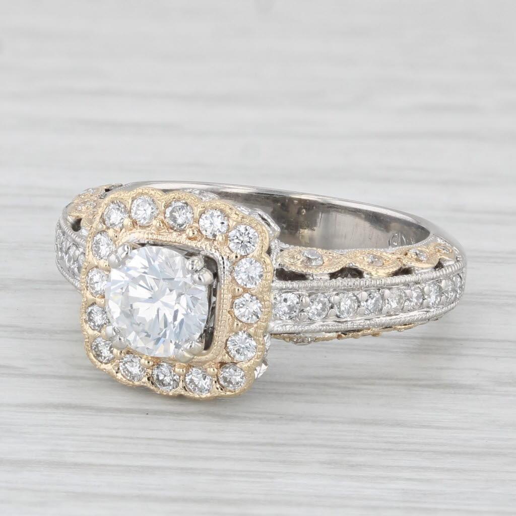 1.30ctw Round Diamond Halo Engagement Ring 14k White Yellow Gold Size 6 GIA For Sale 3