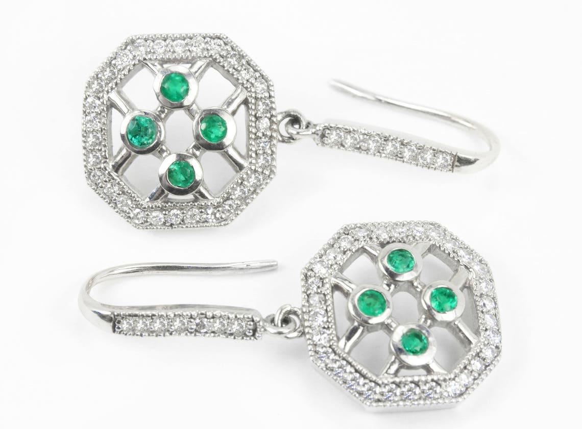 Modern 1.30tcw 14K Colombian Emerald & Diamond Dangle Earrings May Birthstone French For Sale