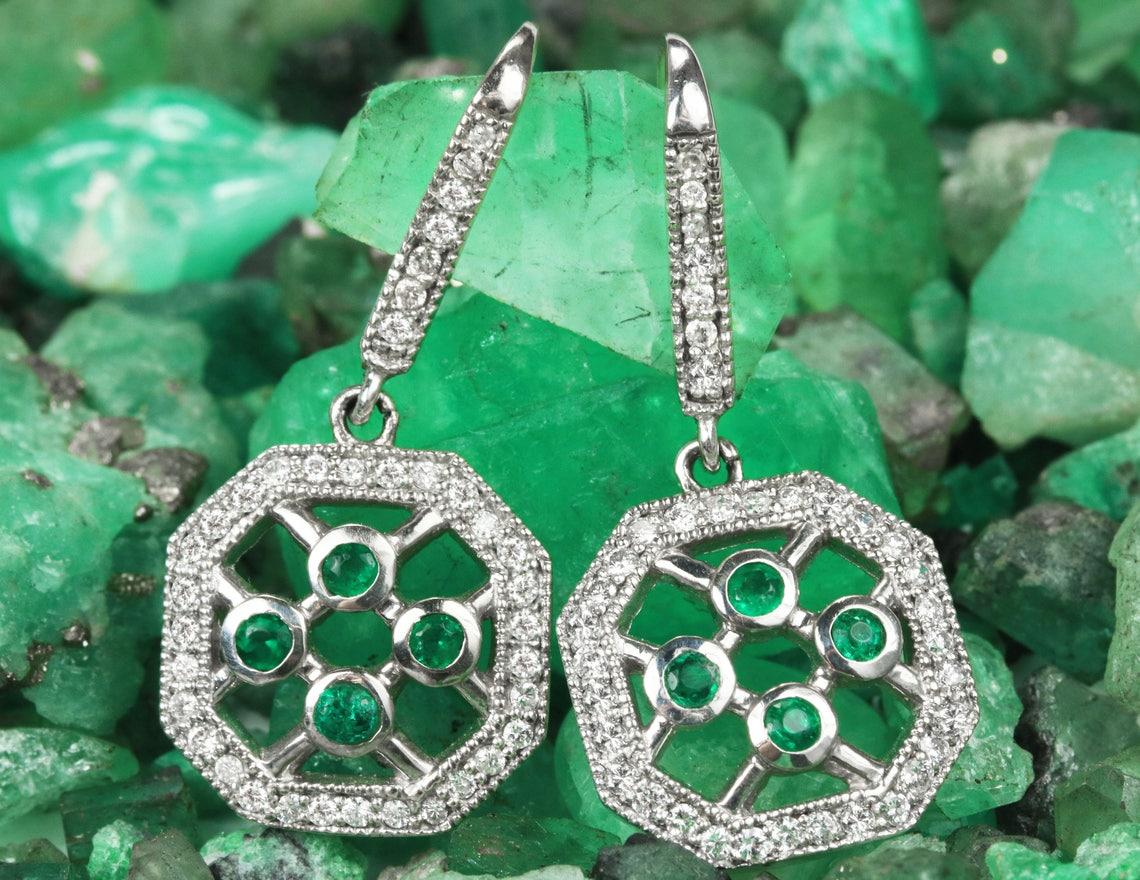 French Cut 1.30tcw 14K Colombian Emerald & Diamond Dangle Earrings May Birthstone French For Sale