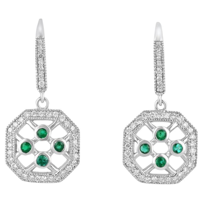 1.30tcw 14K Colombian Emerald & Diamond Dangle Earrings May Birthstone French