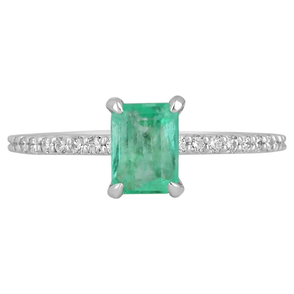 1.30tcw 14K Colombian Emerald-Emerald Cut & Diamond Shank Gold Engagement Ring For Sale