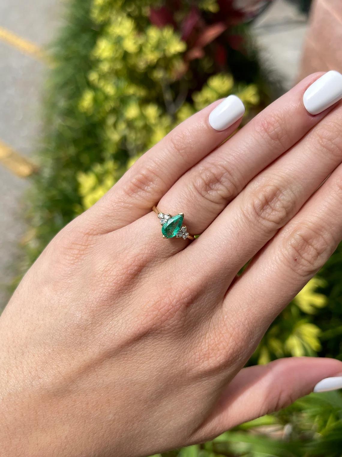 Modern 1.30tcw 14K Colombian Emerald-Pear Cut & Diamond Accent Ring For Sale