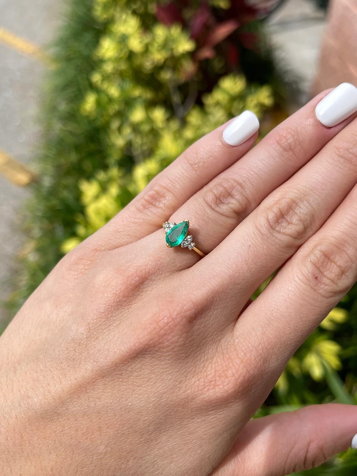 1.30tcw 14K Colombian Emerald-Pear Cut & Diamond Accent Ring In New Condition For Sale In Jupiter, FL