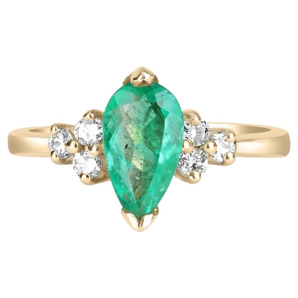 1.30tcw 14K Colombian Emerald-Pear Cut & Diamond Accent Ring For Sale