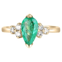 Anillo con acento de diamantes y esmeralda colombiana talla pera de 14 quilates y 1,30 quilates