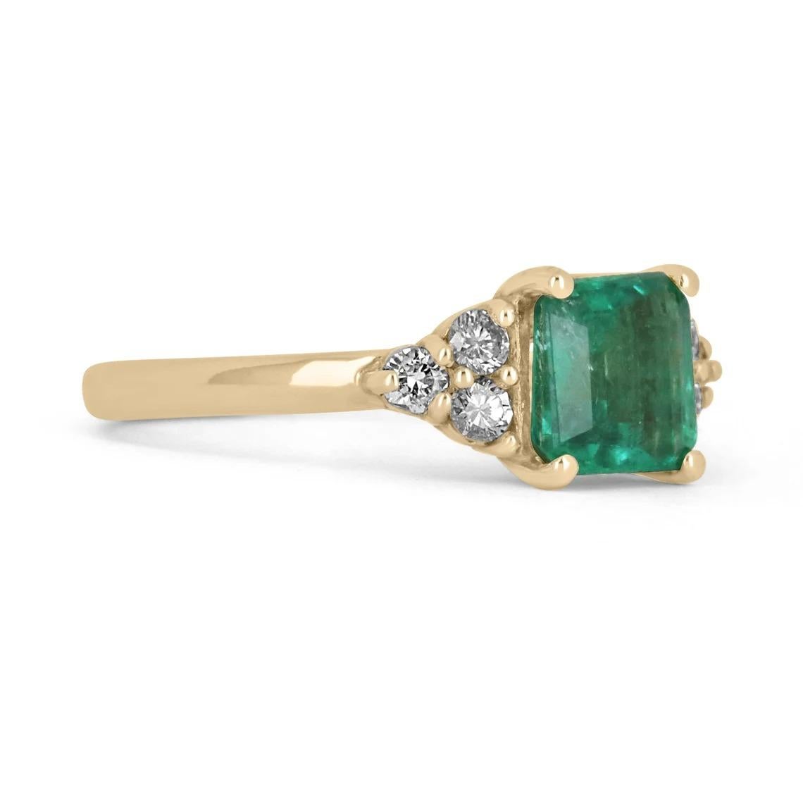 This ring features a 1.10-carat natural Colombian emerald, pear cut from the famous Muzo mines. Set in a secure two-prong setting, this extraordinary emerald has a stunning green color and very good eye clarity, Minor imperfections are normal for