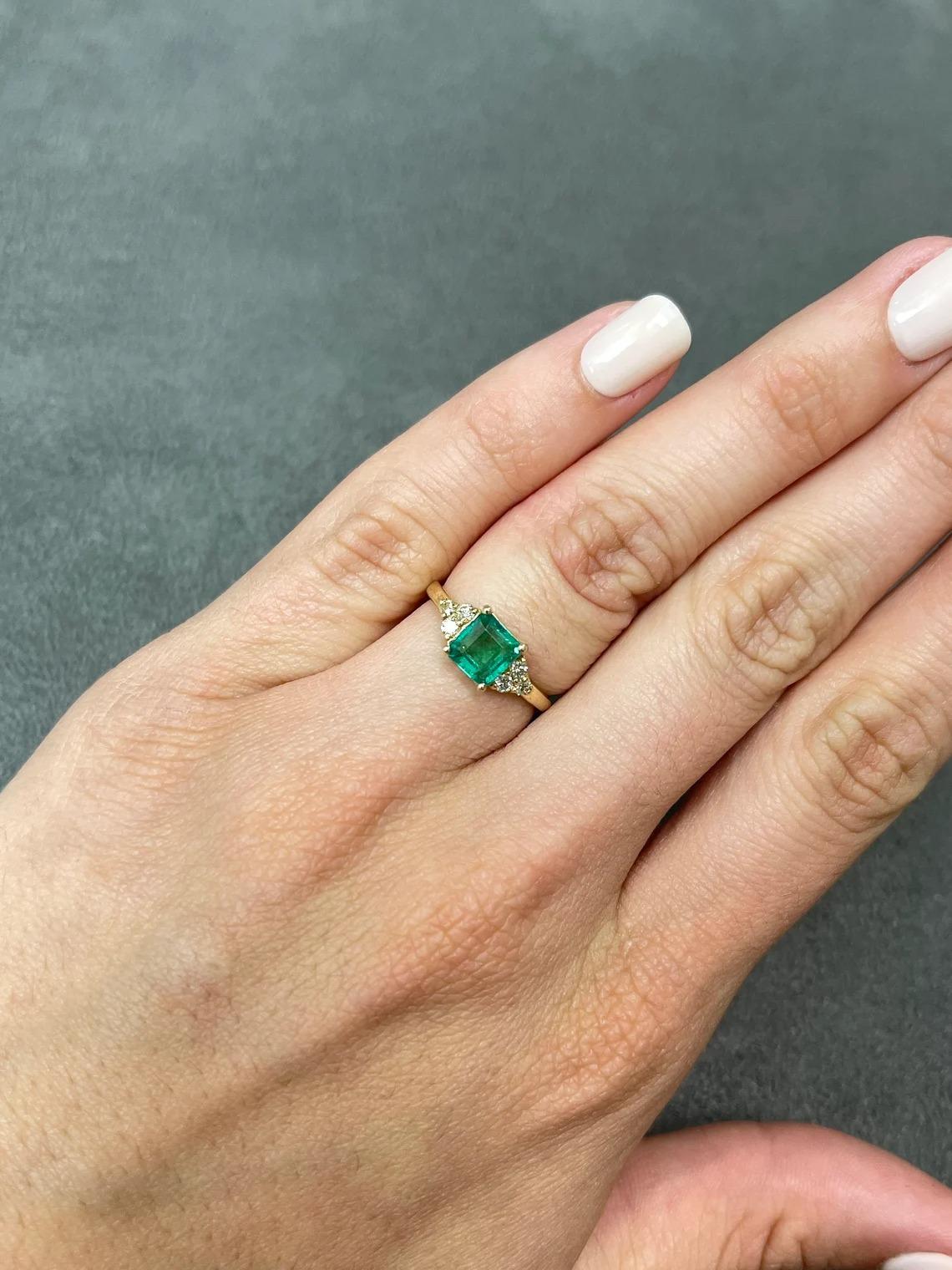 1.30tcw 14K Natural Emerald-Asscher Cut & Diamond Cluster Accent Gold Ring In New Condition For Sale In Jupiter, FL