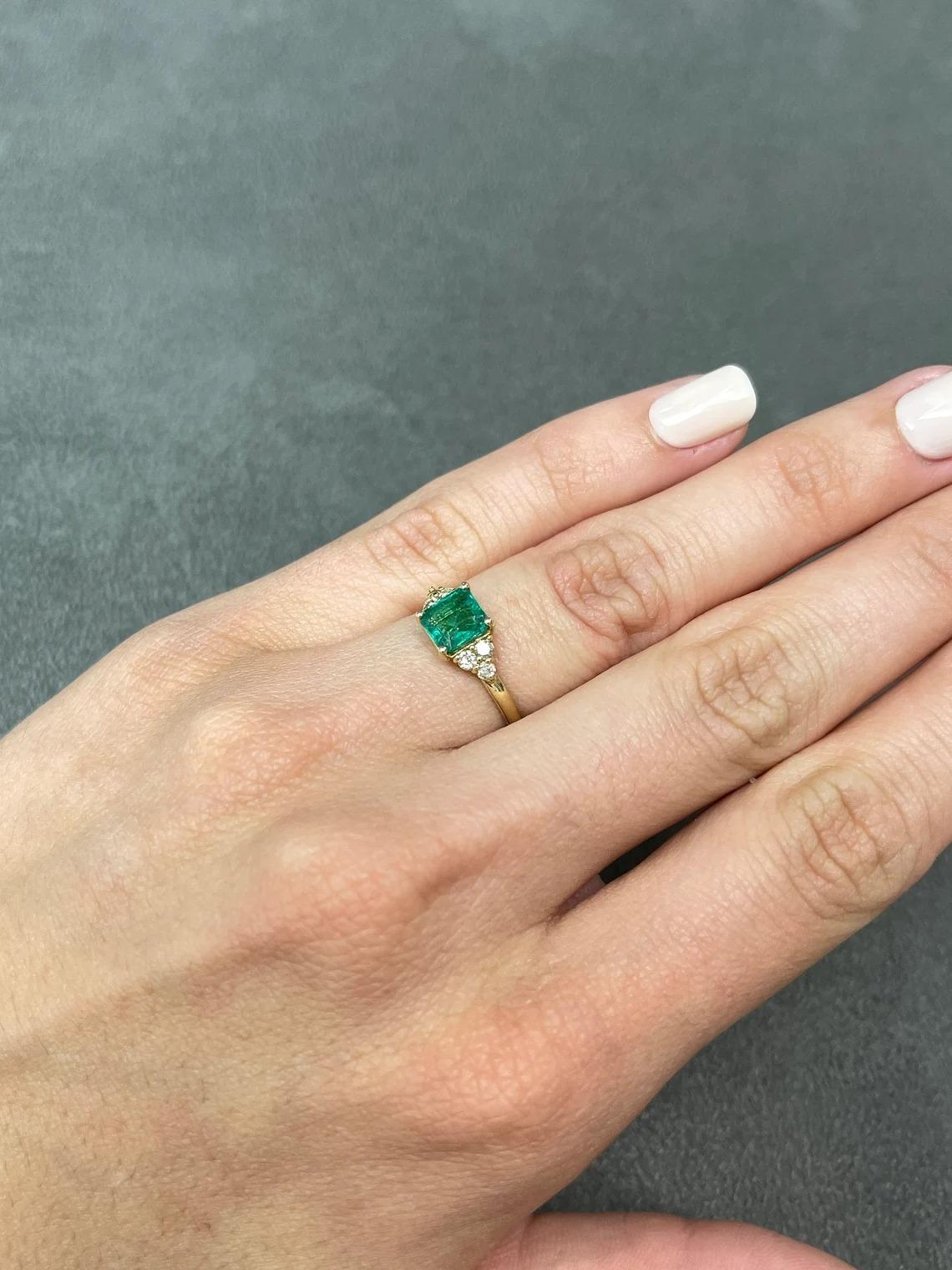 Women's 1.30tcw 14K Natural Emerald-Asscher Cut & Diamond Cluster Accent Gold Ring For Sale