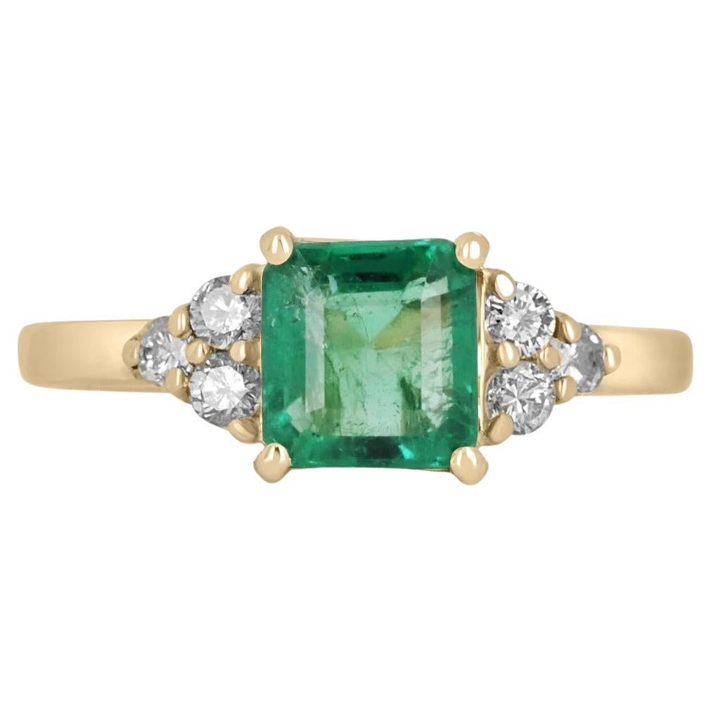 1.30tcw 14K Natural Emerald-Asscher Cut & Diamond Cluster Accent Gold Ring For Sale