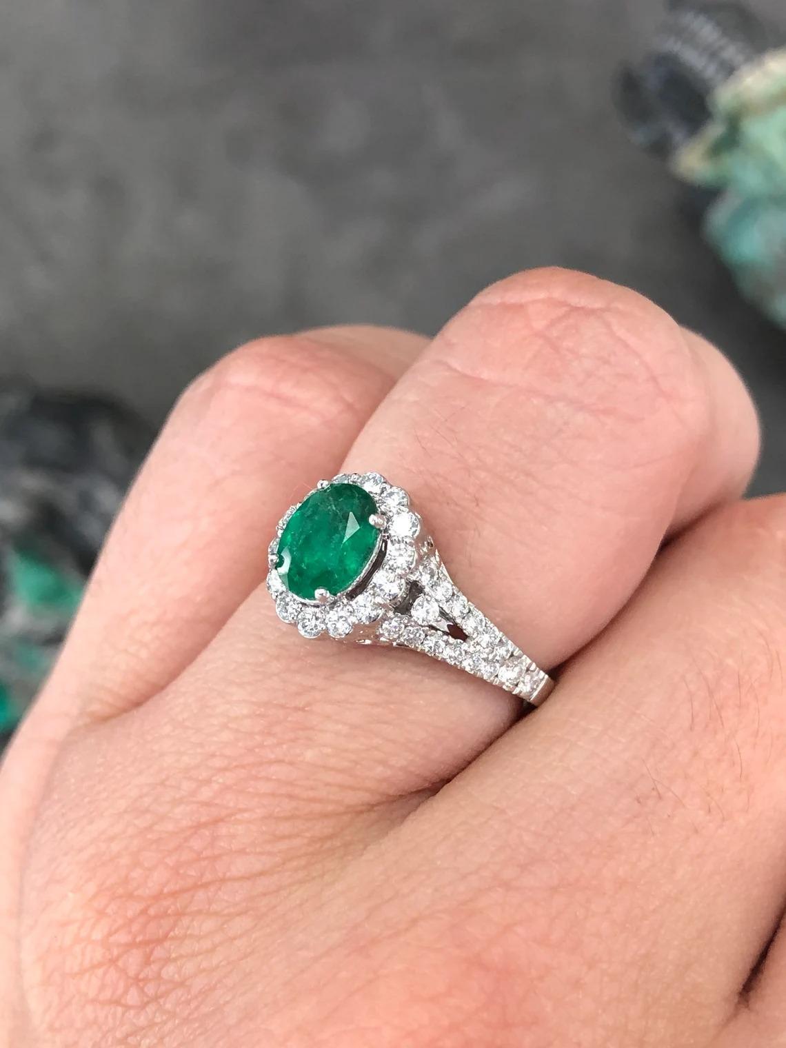 1.30tcw 14K Natural Emerald-Oval Cut & Diamond Halo Engagement-Statement Ring For Sale 1