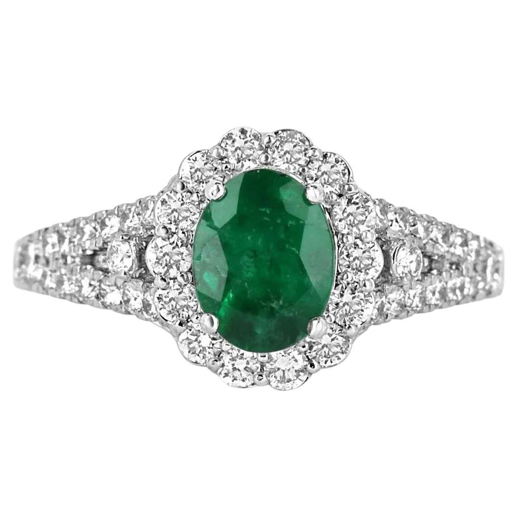 1.30tcw 14K Natural Emerald-Oval Cut & Diamond Halo Engagement-Statement Ring For Sale
