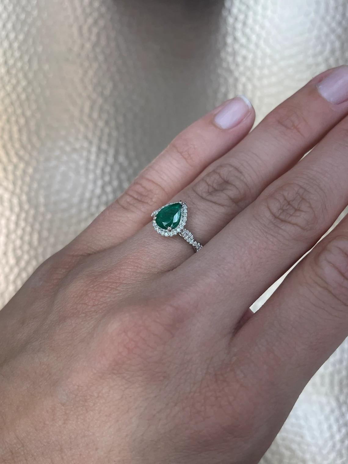 1.30tcw 14K Natural Emerald-Pear Cut & Diamond Halo Accent Engagement Ring In New Condition For Sale In Jupiter, FL