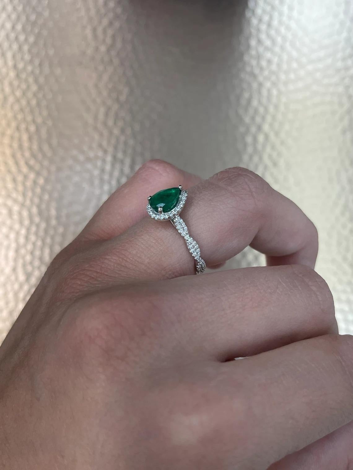1.30tcw 14K Natural Emerald-Pear Cut & Diamond Halo Accent Engagement Ring For Sale 1
