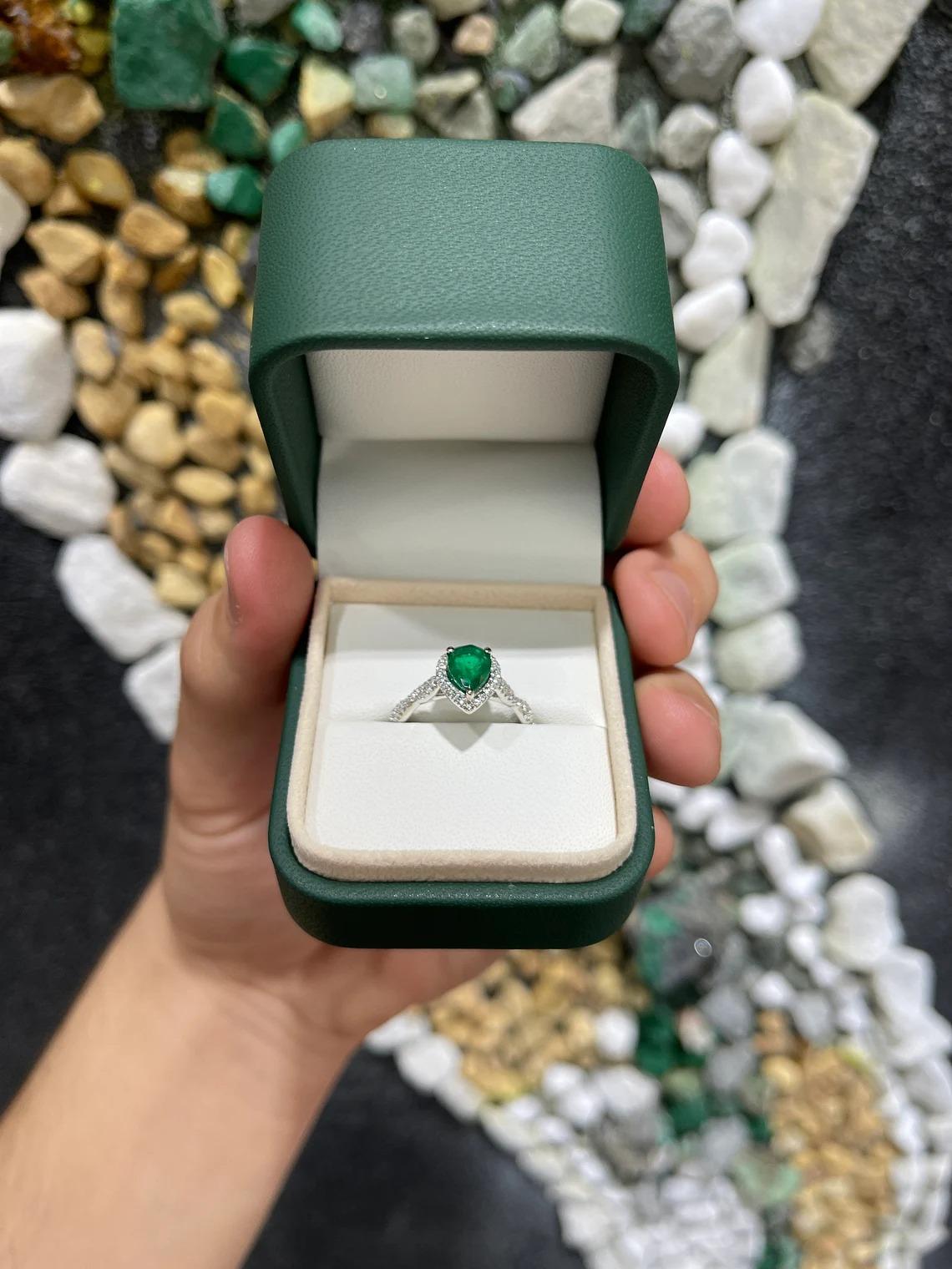 1.30tcw 14K Natural Emerald-Pear Cut & Diamond Halo Accent Engagement Ring For Sale 2