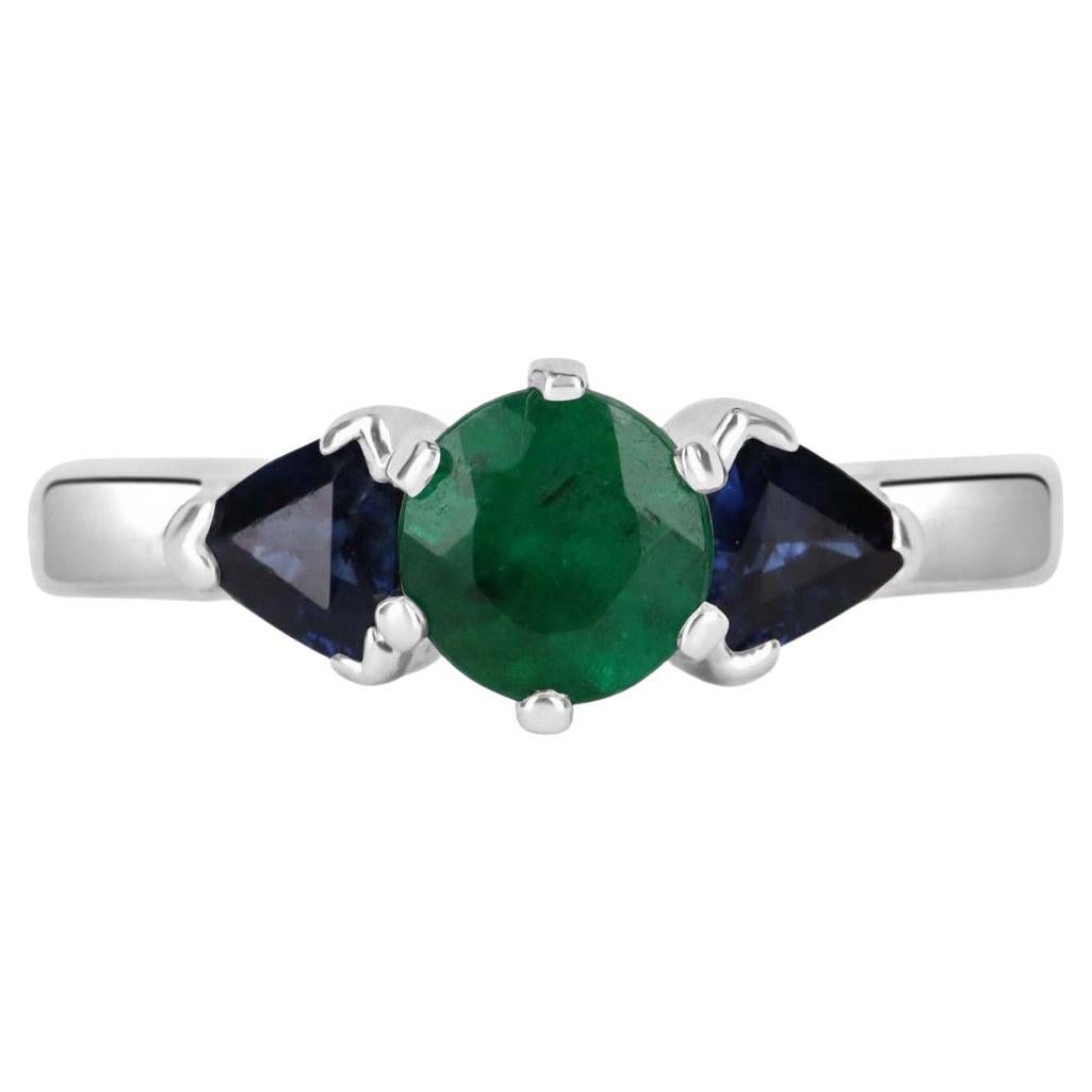 1.30tcw 14K Three Stone Natural Emerald & Blue Sapphire Gold Statement Ring For Sale