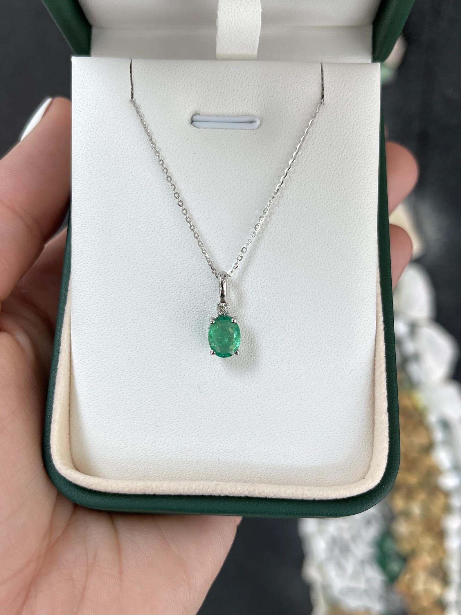 Modern 1.30tcw Natural Emerald-Oval Cut & Diamond Accent White Gold Pendant 14K For Sale
