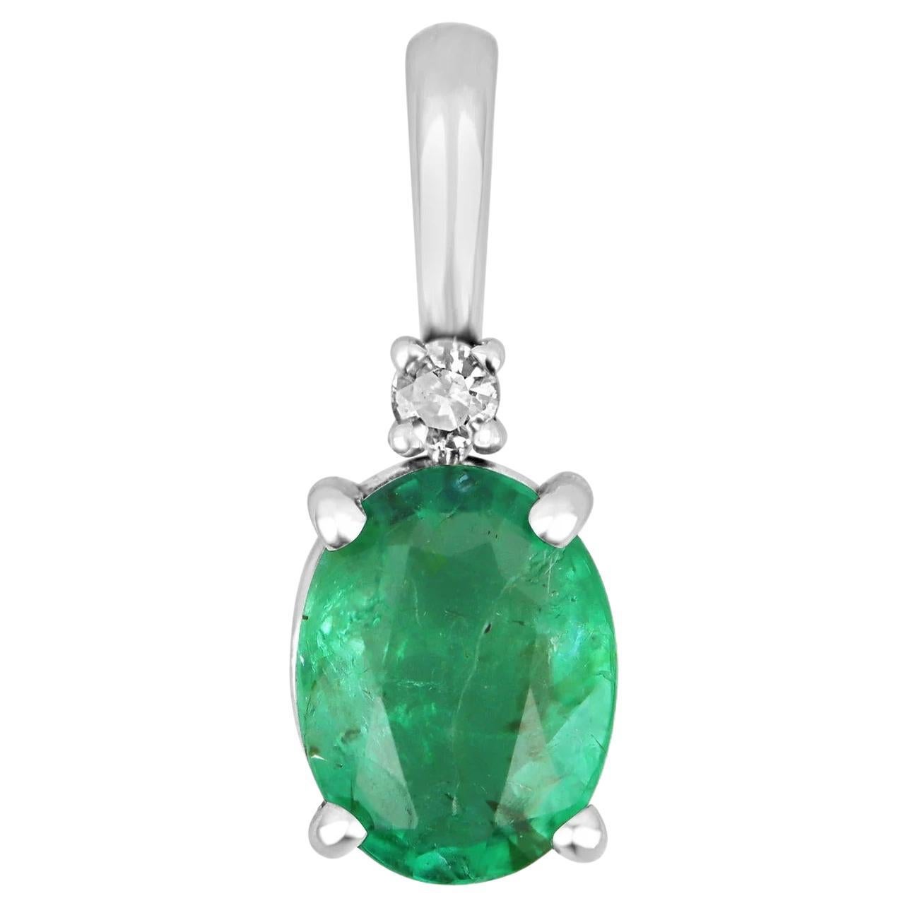 1.30tcw Natural Emerald-Oval Cut & Diamond Accent White Gold Pendant 14K For Sale