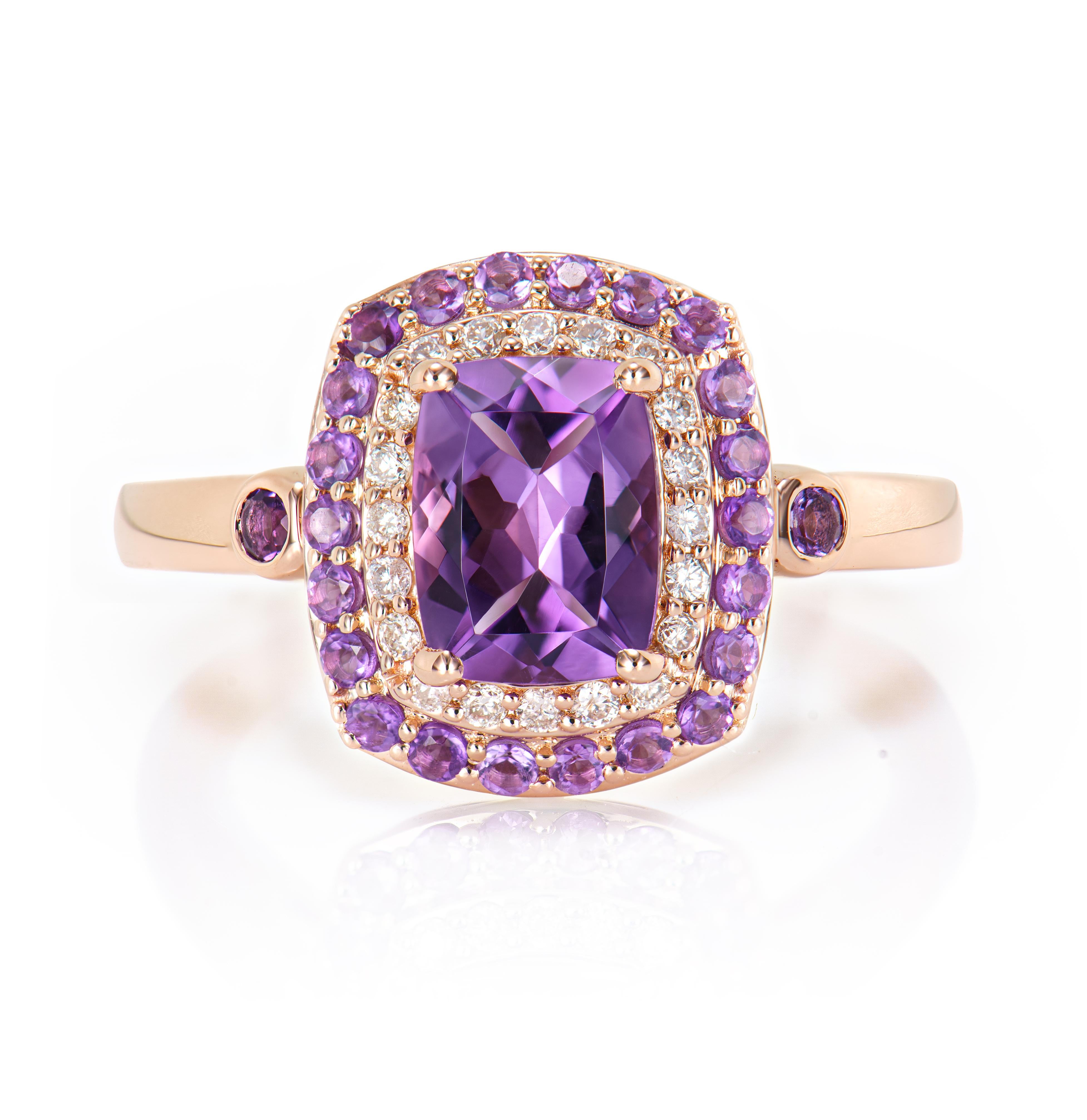Contemporary 1.31 Carat Amethyst Fancy Ring in 14Karat Rose Gold with White Diamond.   For Sale